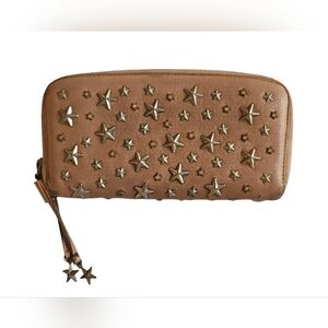 Jimmy Choo Tan Star-Studded Leather Zip Around Wallet